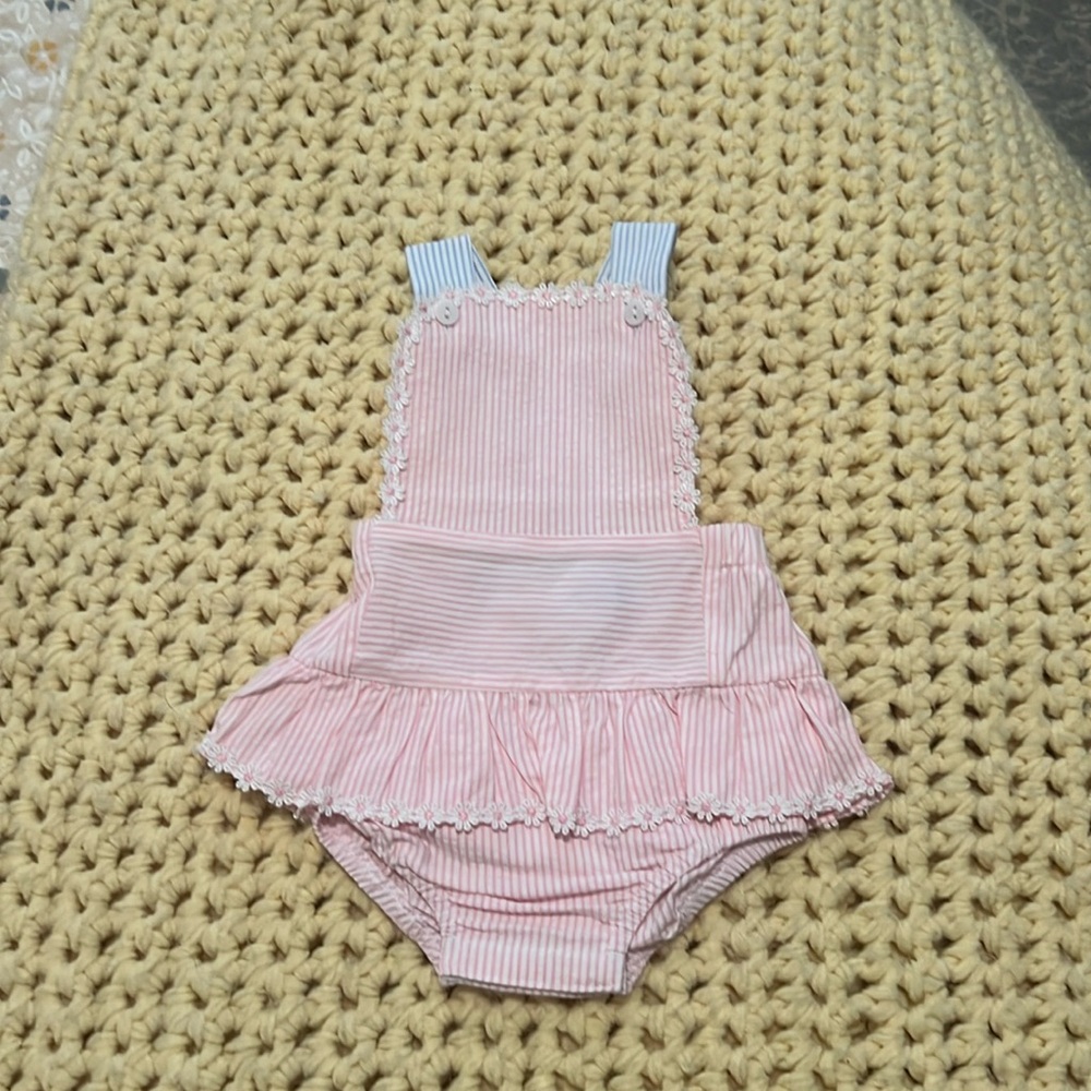 Bella Bliss Pink & Blue Seersucker Bubble Sunsuit with Embroidered Daisy Flowers